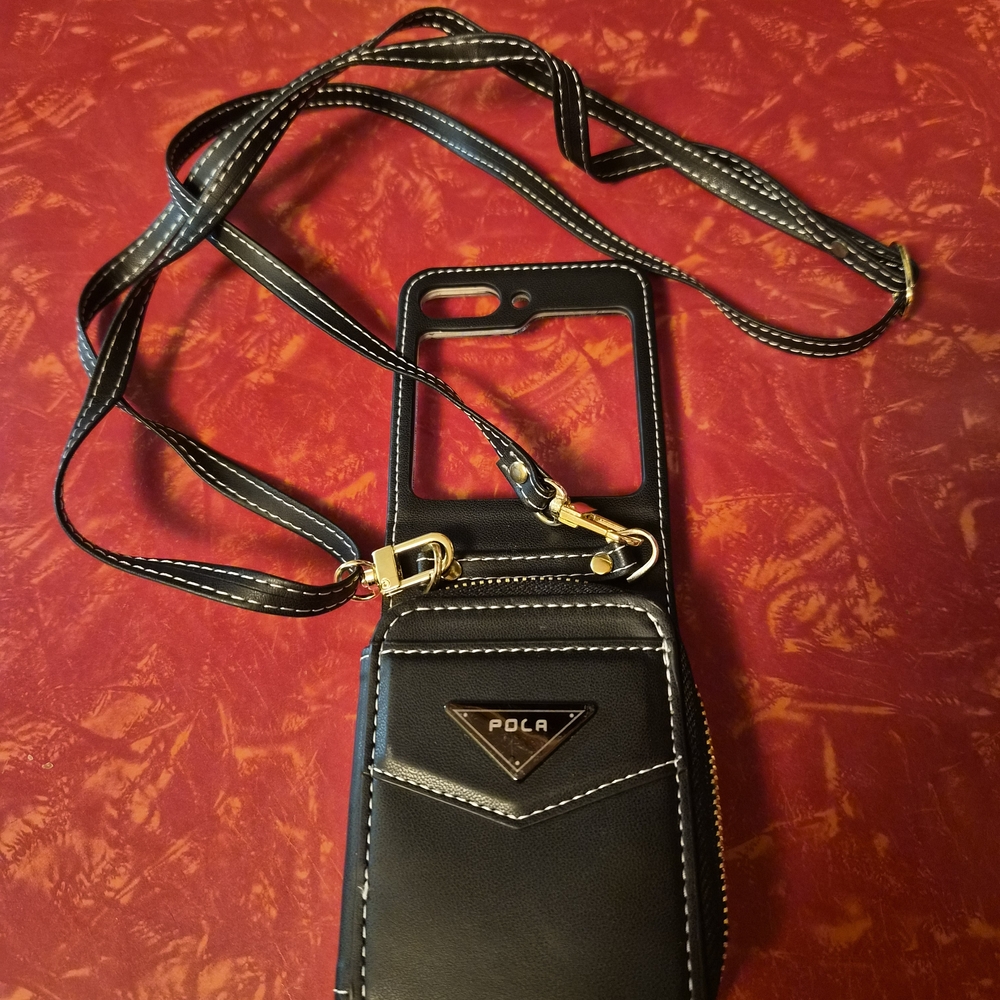 POLA Black Crossbody Cellphone Case W/ Zipper Compartment For Money & Cards